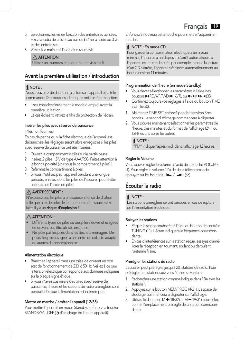 Français, Avant la première utilisation / introduction, Écouter la radio | AEG KRC 4355 CD User Manual | Page 19 / 66