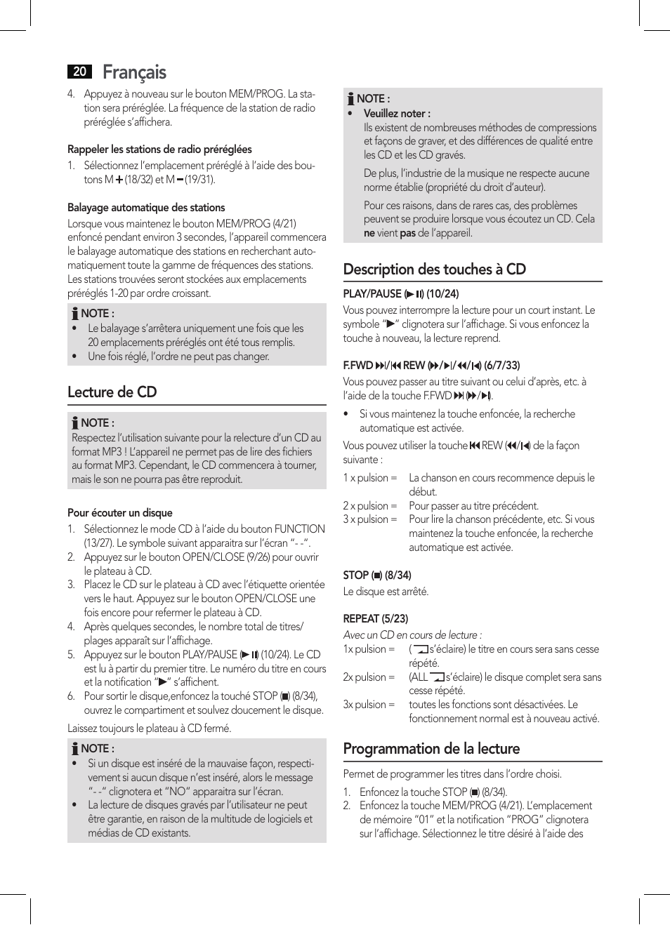 Français, Lecture de cd, Description des touches à cd | Programmation de la lecture | AEG KRC 4355 CD User Manual | Page 20 / 66