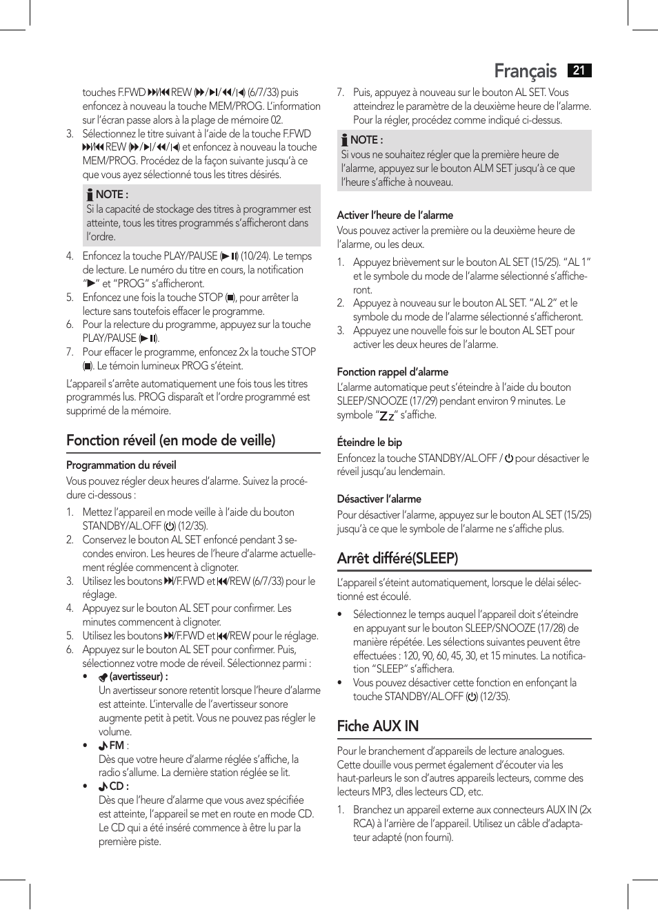Français, Fonction réveil (en mode de veille), Arrêt différé(sleep) | Fiche aux in | AEG KRC 4355 CD User Manual | Page 21 / 66