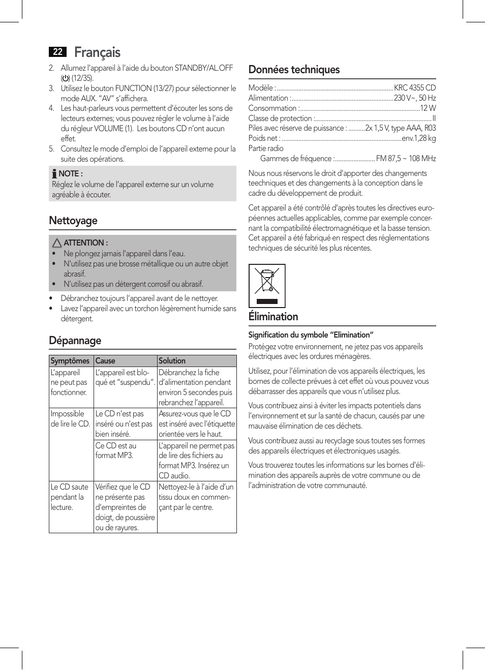 Français, Nettoyage, Dépannage | Données techniques, Élimination | AEG KRC 4355 CD User Manual | Page 22 / 66