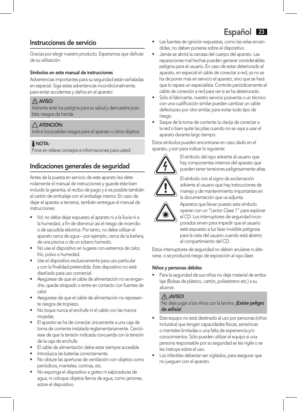 Español, Instrucciones de servicio, Indicaciones generales de seguridad | AEG KRC 4355 CD User Manual | Page 23 / 66