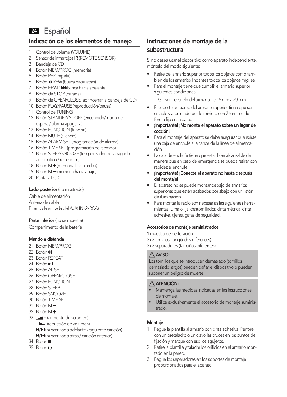 Español, Indicación de los elementos de manejo, Instrucciones de montaje de la subestructura | AEG KRC 4355 CD User Manual | Page 24 / 66