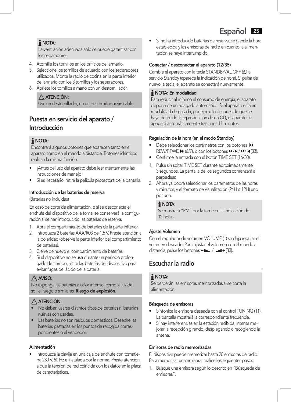 Español, Puesta en servicio del aparato / introducción, Escuchar la radio | AEG KRC 4355 CD User Manual | Page 25 / 66