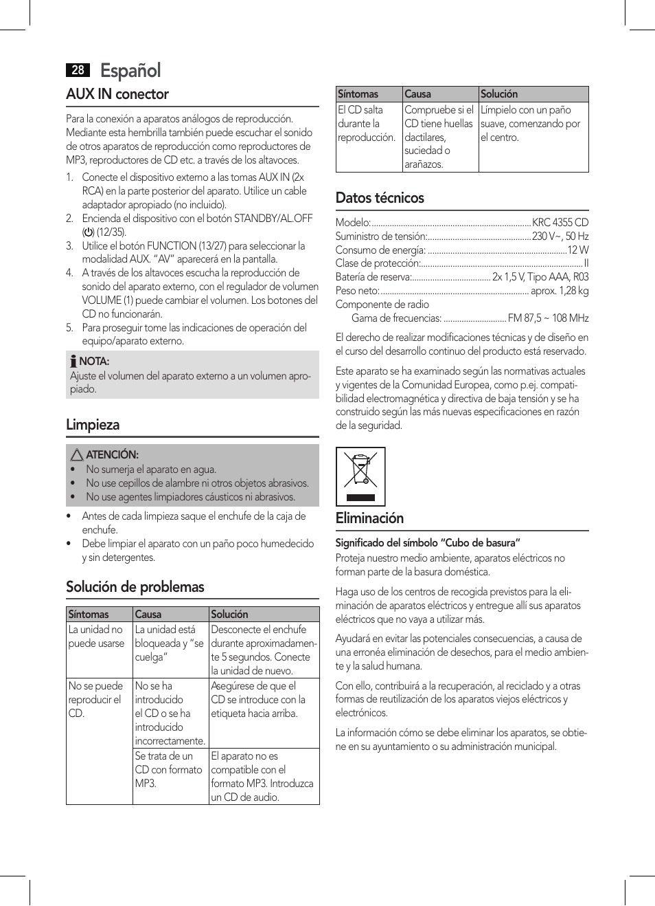Español, Aux in conector, Limpieza | Solución de problemas, Datos técnicos, Eliminación | AEG KRC 4355 CD User Manual | Page 28 / 66