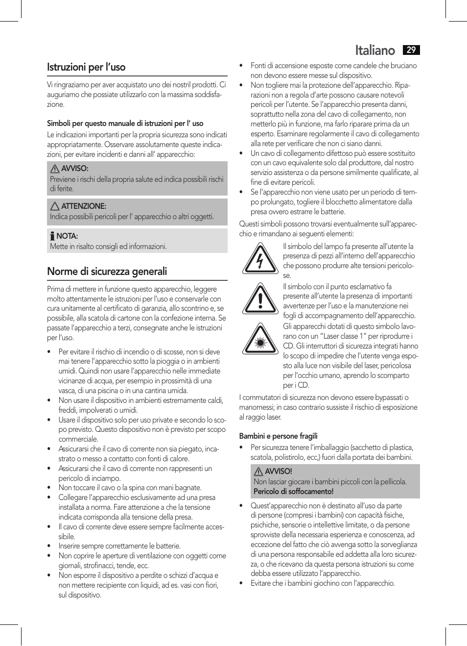 Italiano, Istruzioni per l’uso, Norme di sicurezza generali | AEG KRC 4355 CD User Manual | Page 29 / 66