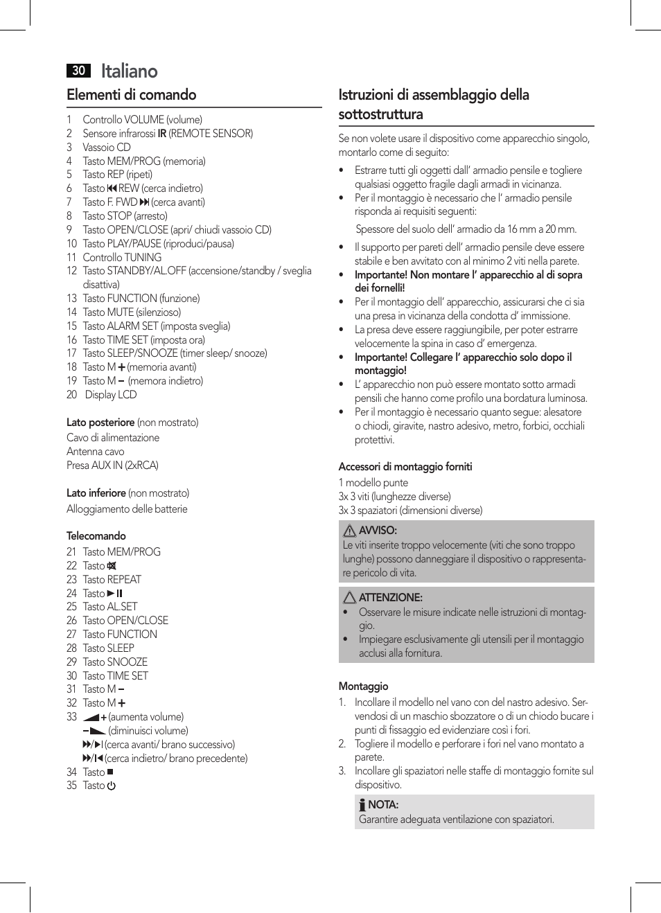 Italiano, Elementi di comando, Istruzioni di assemblaggio della sottostruttura | AEG KRC 4355 CD User Manual | Page 30 / 66