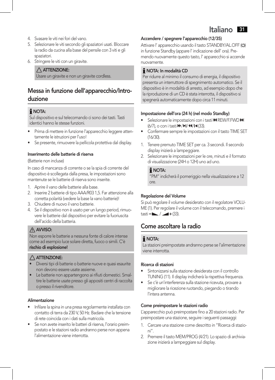 Italiano, Messa in funzione dell’apparecchio/intro- duzione, Come ascoltare la radio | AEG KRC 4355 CD User Manual | Page 31 / 66