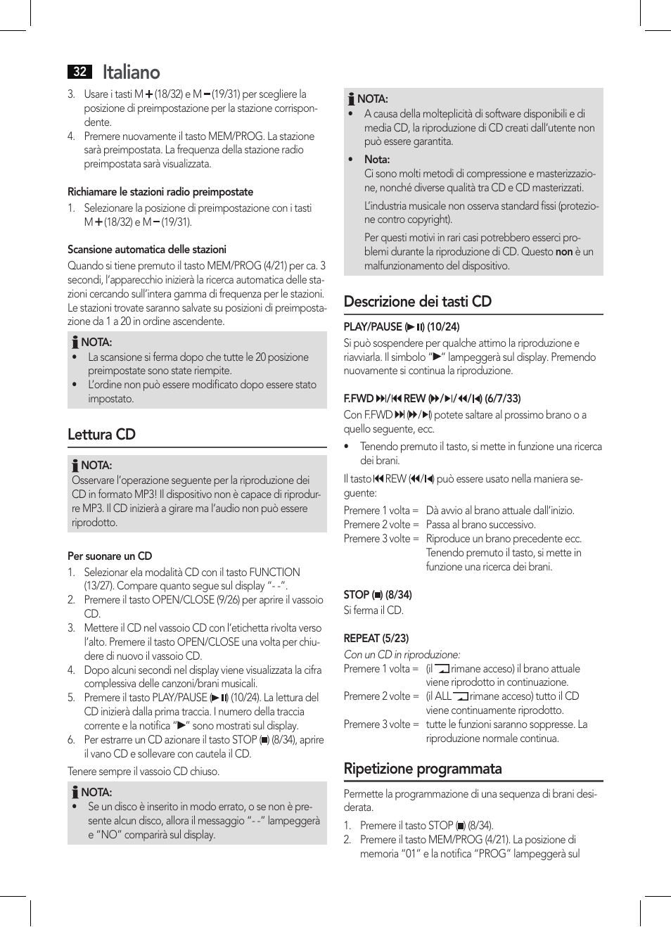 Italiano, Lettura cd, Descrizione dei tasti cd | Ripetizione programmata | AEG KRC 4355 CD User Manual | Page 32 / 66