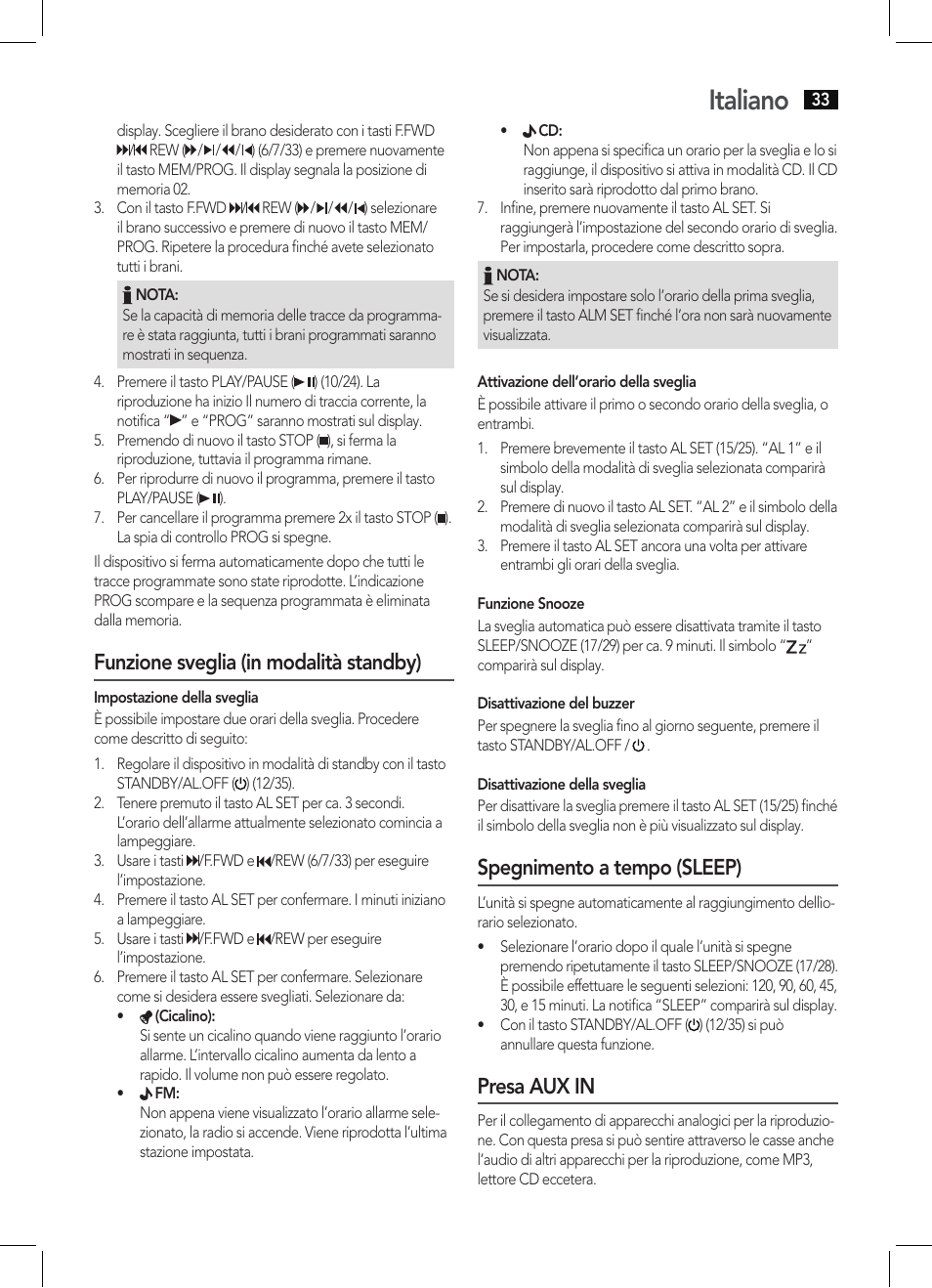 Italiano, Funzione sveglia (in modalità standby), Spegnimento a tempo (sleep) | Presa aux in | AEG KRC 4355 CD User Manual | Page 33 / 66