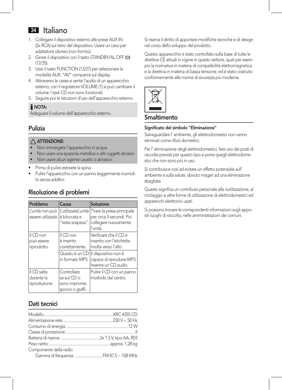 Italiano, Pulizia, Risoluzione di problemi | Dati tecnici, Smaltimento | AEG KRC 4355 CD User Manual | Page 34 / 66