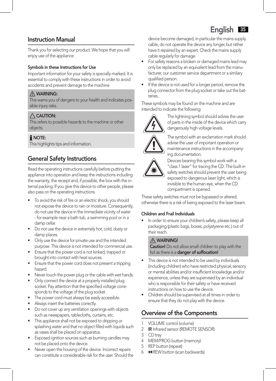 English, Instruction manual, General safety instructions | Overview of the components | AEG KRC 4355 CD User Manual | Page 35 / 66