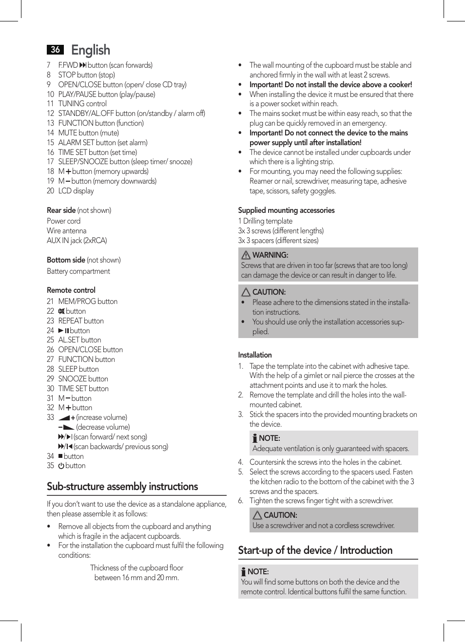 English, Sub-structure assembly instructions, Start-up of the device / introduction | AEG KRC 4355 CD User Manual | Page 36 / 66