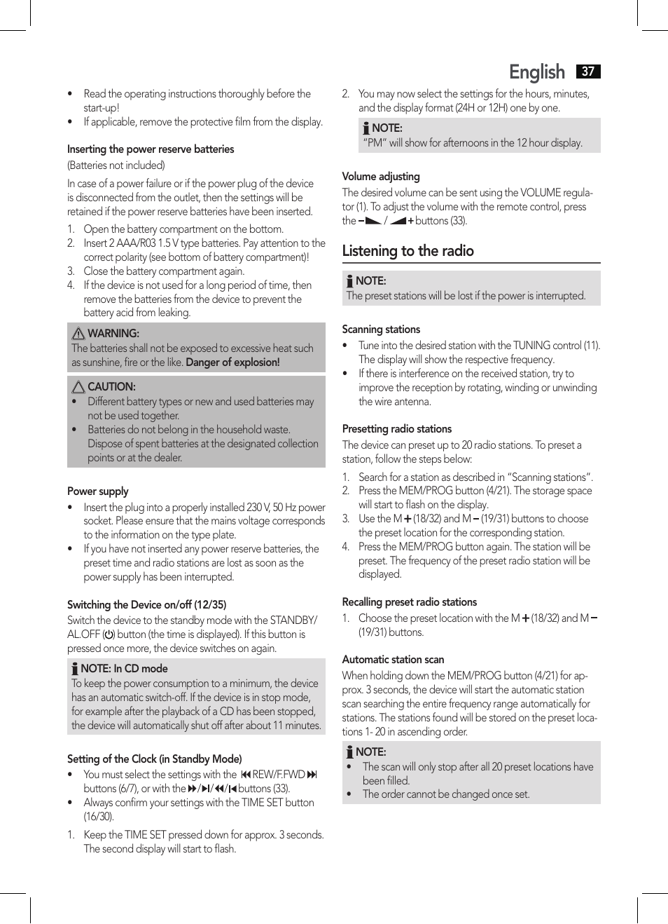 English, Listening to the radio | AEG KRC 4355 CD User Manual | Page 37 / 66