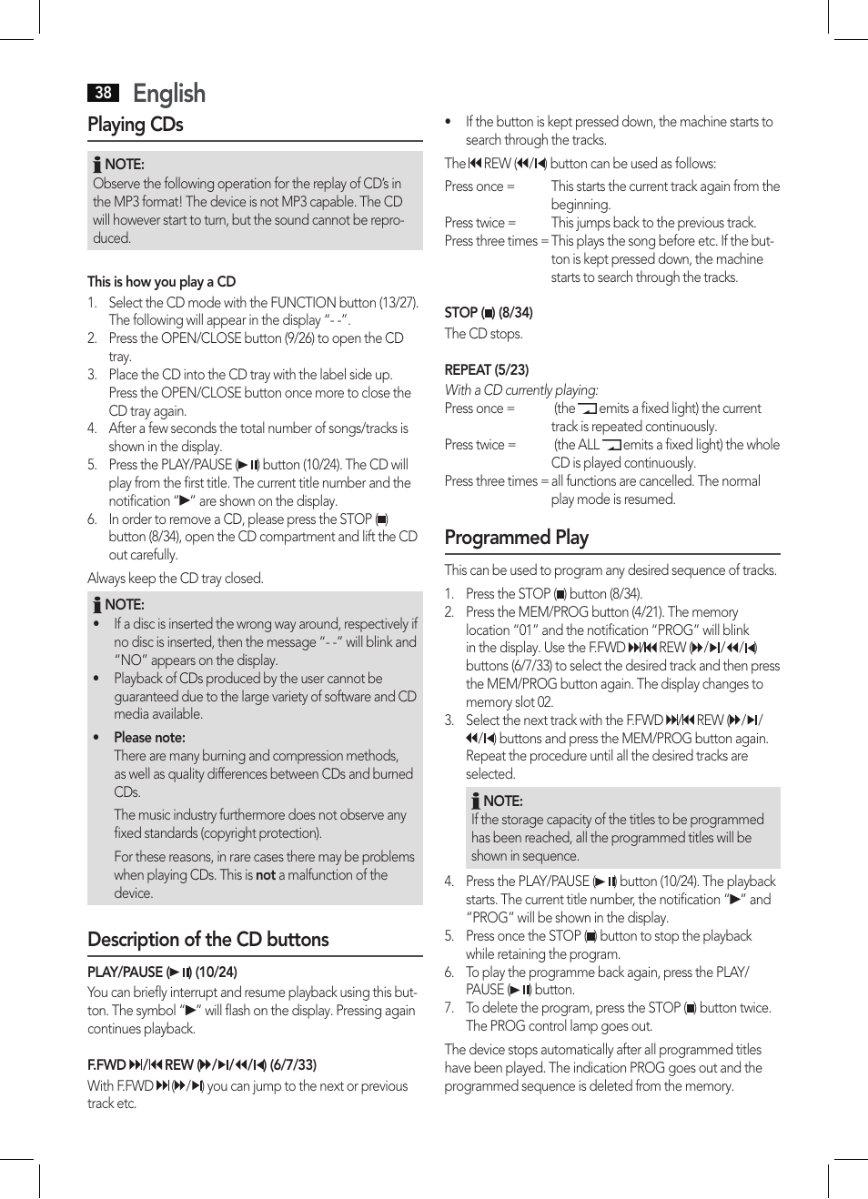 English, Playing cds, Description of the cd buttons | Programmed play | AEG KRC 4355 CD User Manual | Page 38 / 66