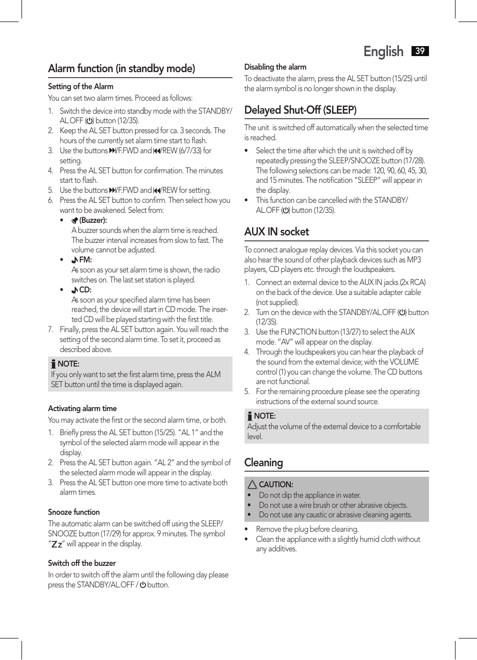 English, Alarm function (in standby mode), Delayed shut-off (sleep) | Aux in socket, Cleaning | AEG KRC 4355 CD User Manual | Page 39 / 66