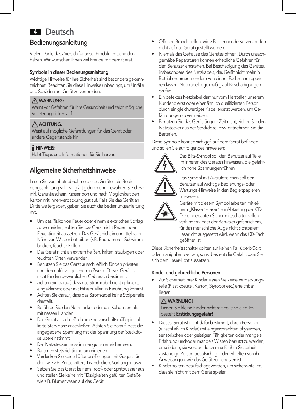 Deutsch, Bedienungsanleitung, Allgemeine sicherheitshinweise | AEG KRC 4355 CD User Manual | Page 4 / 66