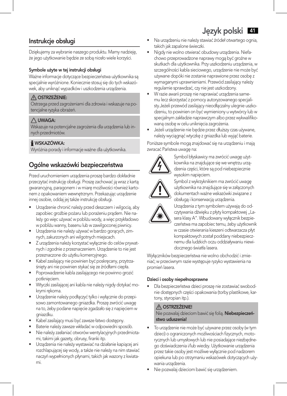 Język polski, Instrukcje obsługi, Ogólne wskazówki bezpieczeństwa | AEG KRC 4355 CD User Manual | Page 41 / 66