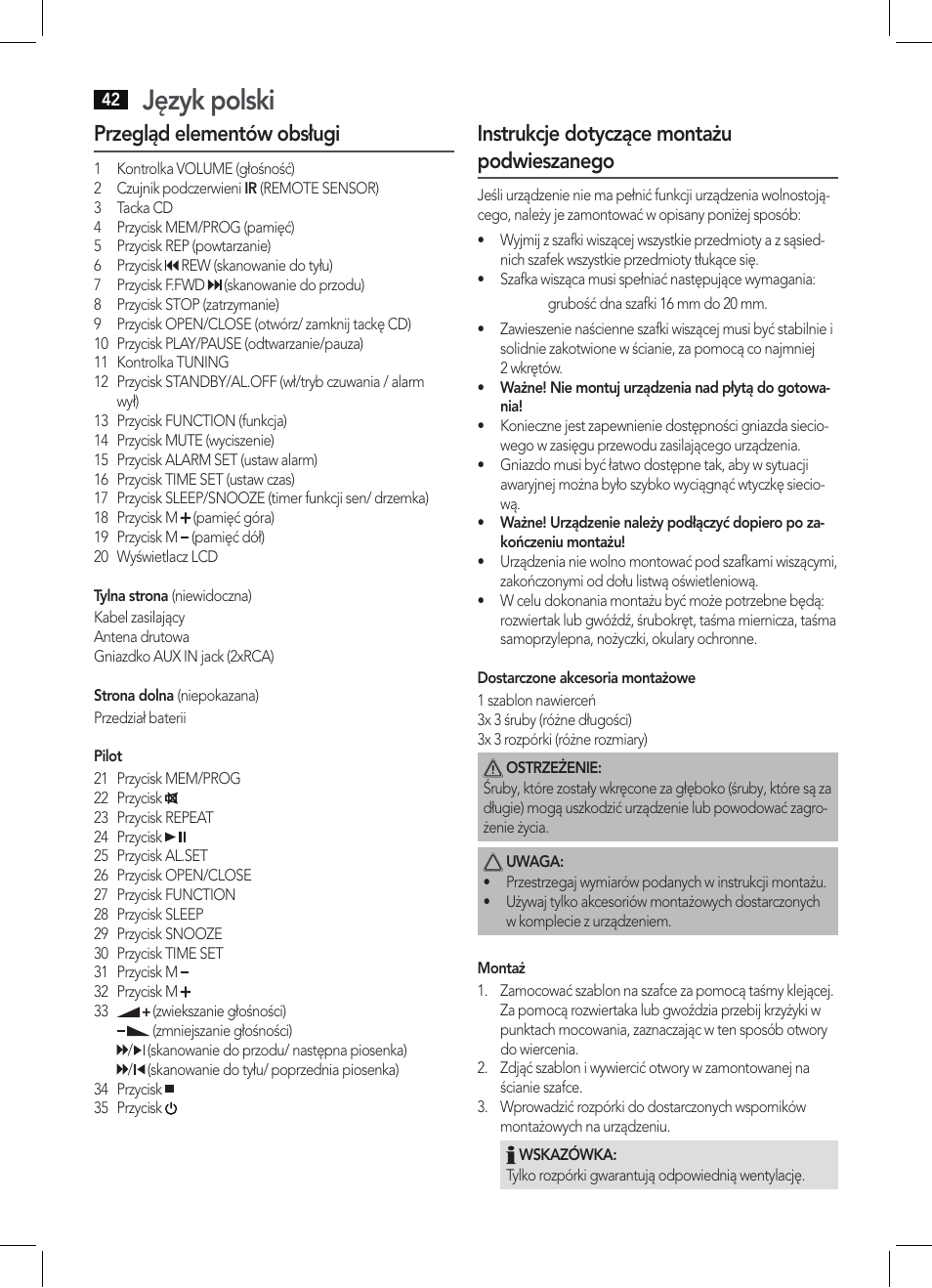 Język polski, Przegląd elementów obsługi, Instrukcje dotyczące montażu podwieszanego | AEG KRC 4355 CD User Manual | Page 42 / 66