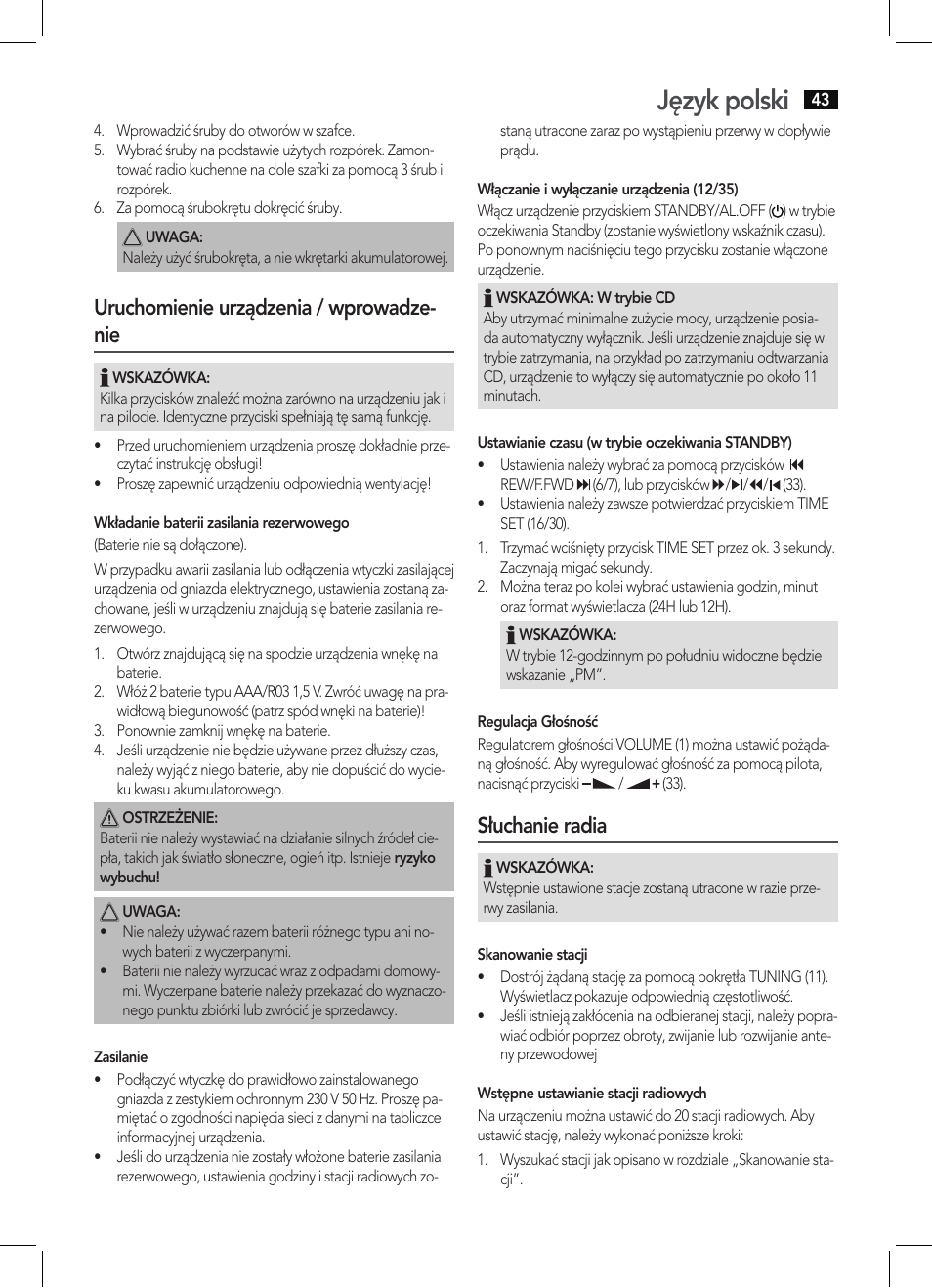 Język polski, Uruchomienie urządzenia / wprowadze- nie, Słuchanie radia | AEG KRC 4355 CD User Manual | Page 43 / 66