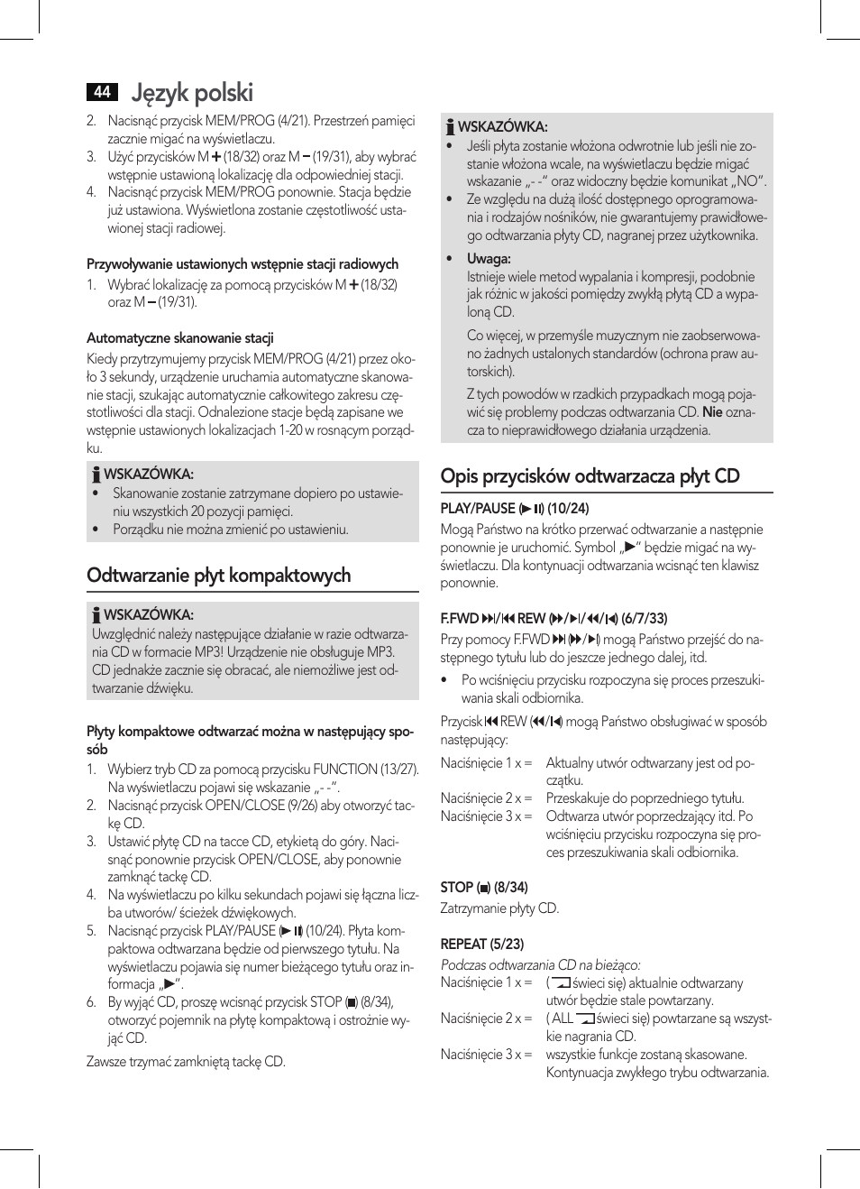 Język polski, Odtwarzanie płyt kompaktowych, Opis przycisków odtwarzacza płyt cd | AEG KRC 4355 CD User Manual | Page 44 / 66
