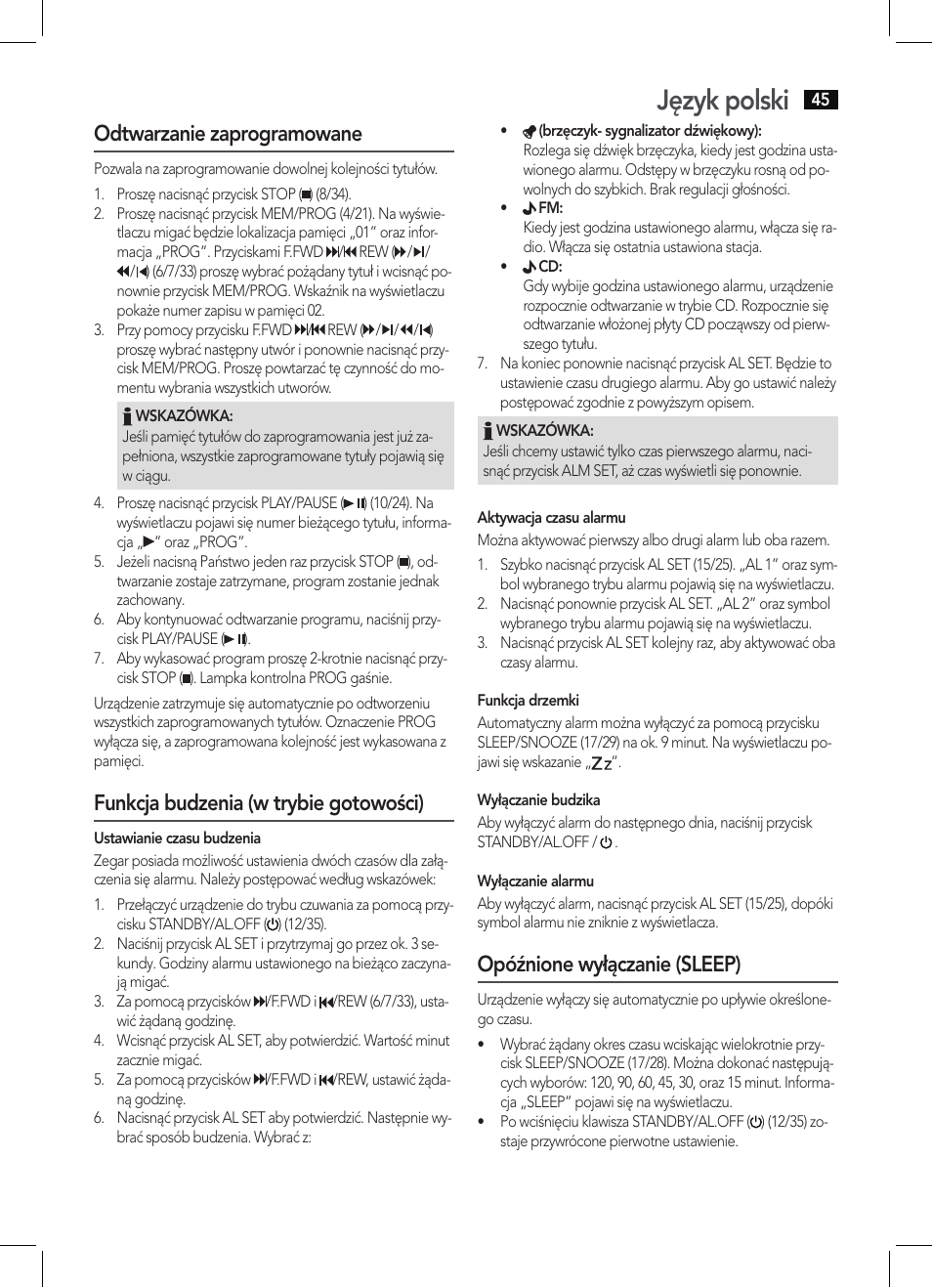 Język polski, Odtwarzanie zaprogramowane, Funkcja budzenia (w trybie gotowości) | Opóźnione wyłączanie (sleep) | AEG KRC 4355 CD User Manual | Page 45 / 66