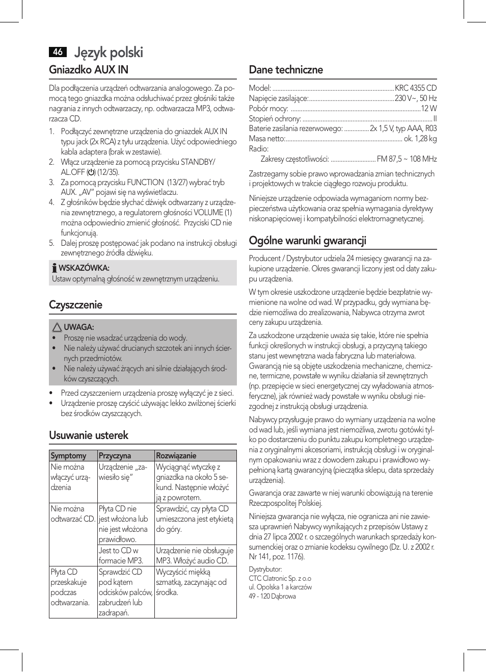 Język polski, Gniazdko aux in, Czyszczenie | Usuwanie usterek, Dane techniczne, Ogólne warunki gwarancji | AEG KRC 4355 CD User Manual | Page 46 / 66