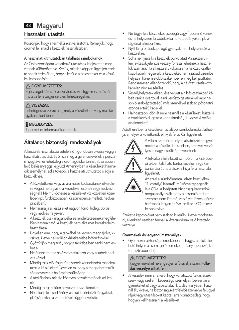 Magyarul, Használati utasítás, Általános biztonsági rendszabályok | AEG KRC 4355 CD User Manual | Page 48 / 66