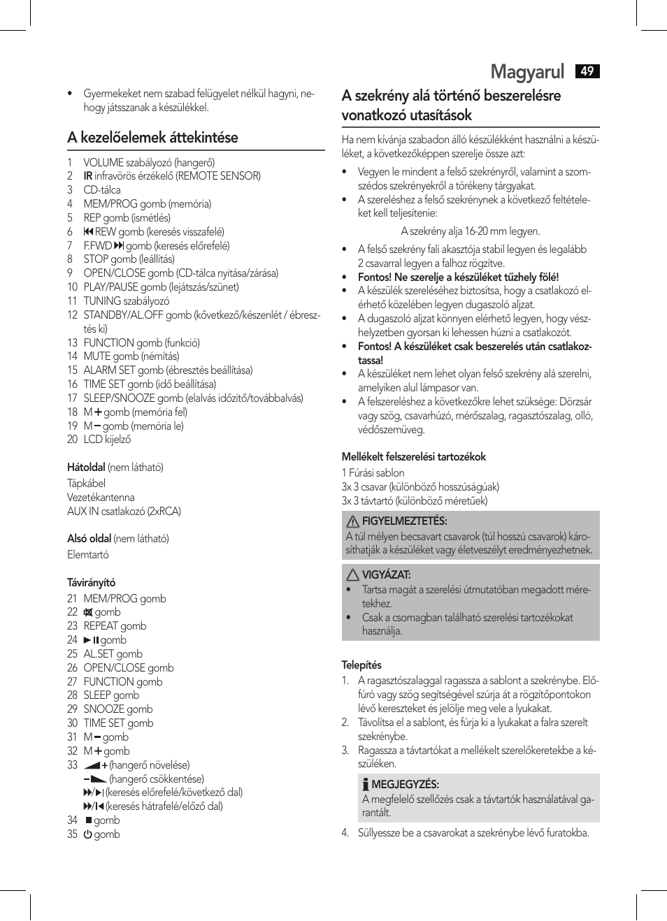 Magyarul, A kezelőelemek áttekintése | AEG KRC 4355 CD User Manual | Page 49 / 66