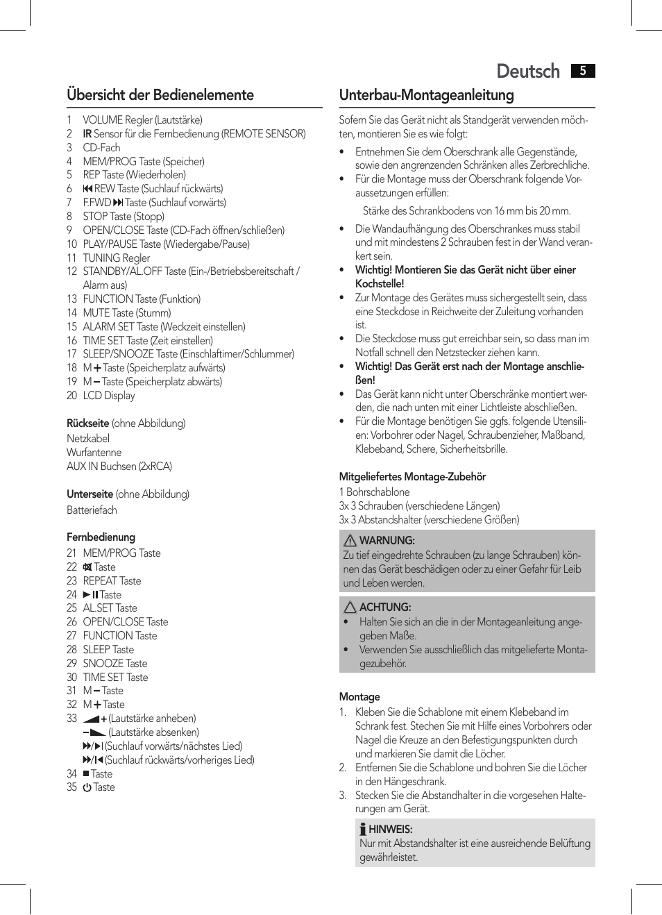Deutsch, Übersicht der bedienelemente, Unterbau-montageanleitung | AEG KRC 4355 CD User Manual | Page 5 / 66
