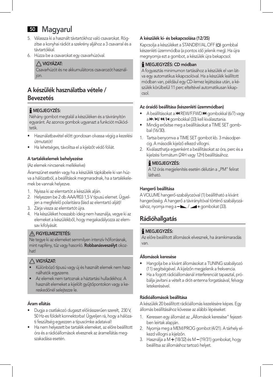 Magyarul, A készülék használatba vétele / bevezetés, Rádióhallgatás | AEG KRC 4355 CD User Manual | Page 50 / 66