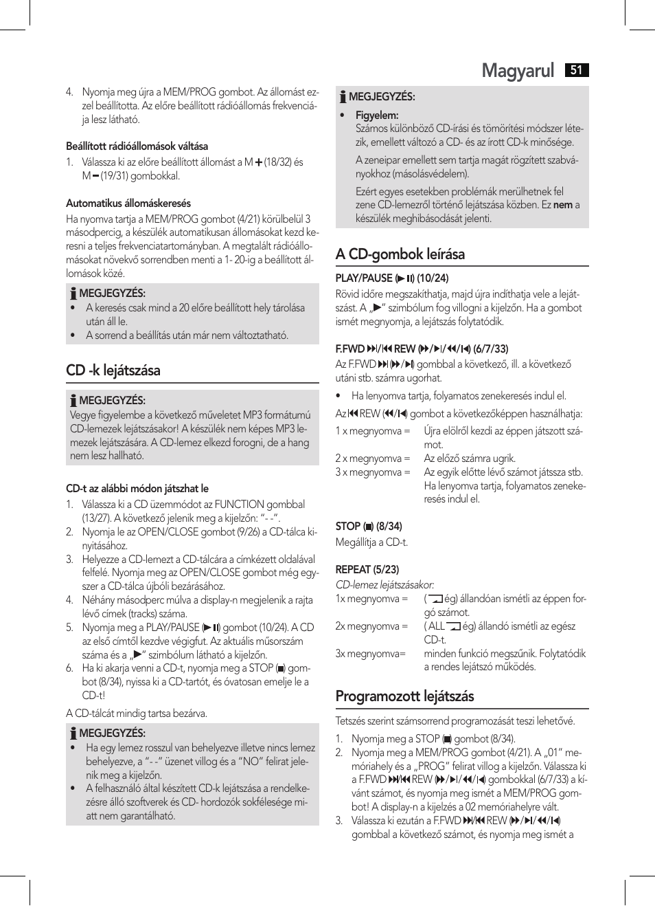 Magyarul, Cd -k lejátszása, A cd-gombok leírása | Programozott lejátszás | AEG KRC 4355 CD User Manual | Page 51 / 66