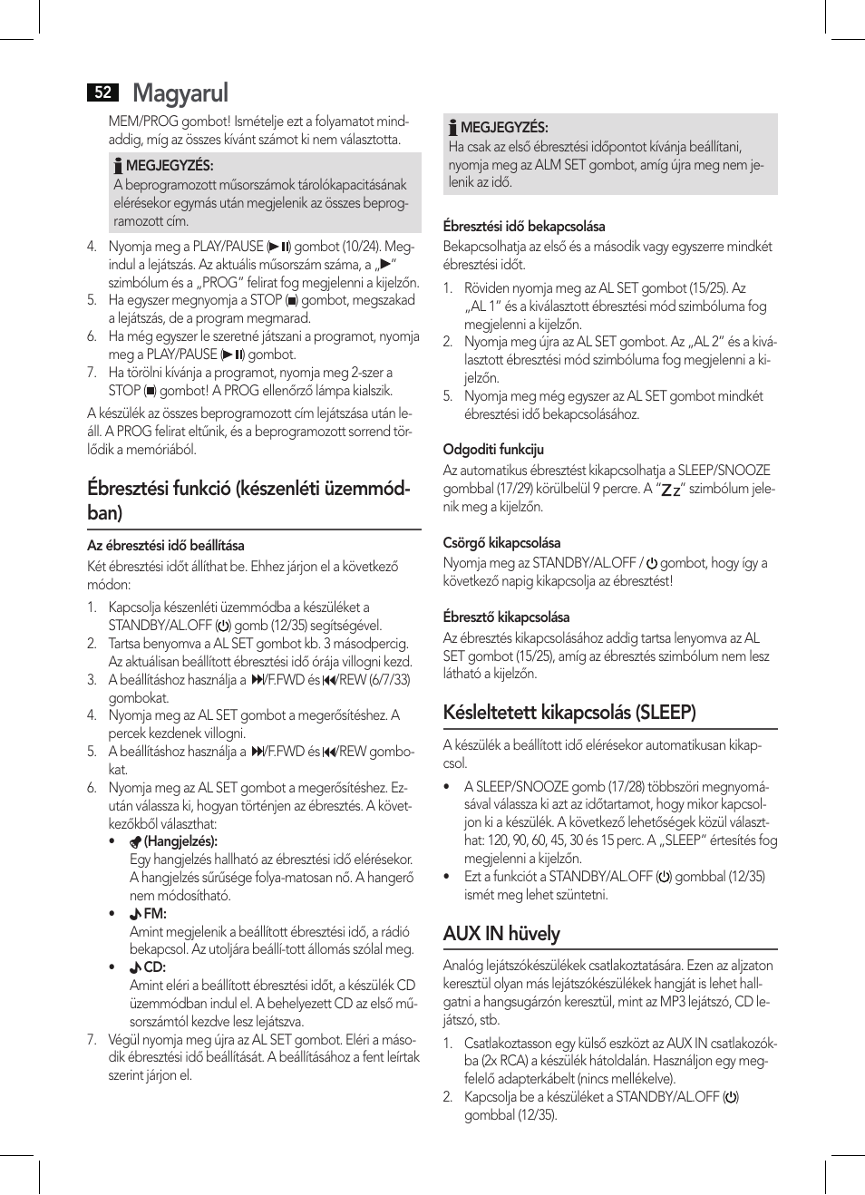 Magyarul, Ébresztési funkció (készenléti üzemmód- ban), Késleltetett kikapcsolás (sleep) | Aux in hüvely | AEG KRC 4355 CD User Manual | Page 52 / 66