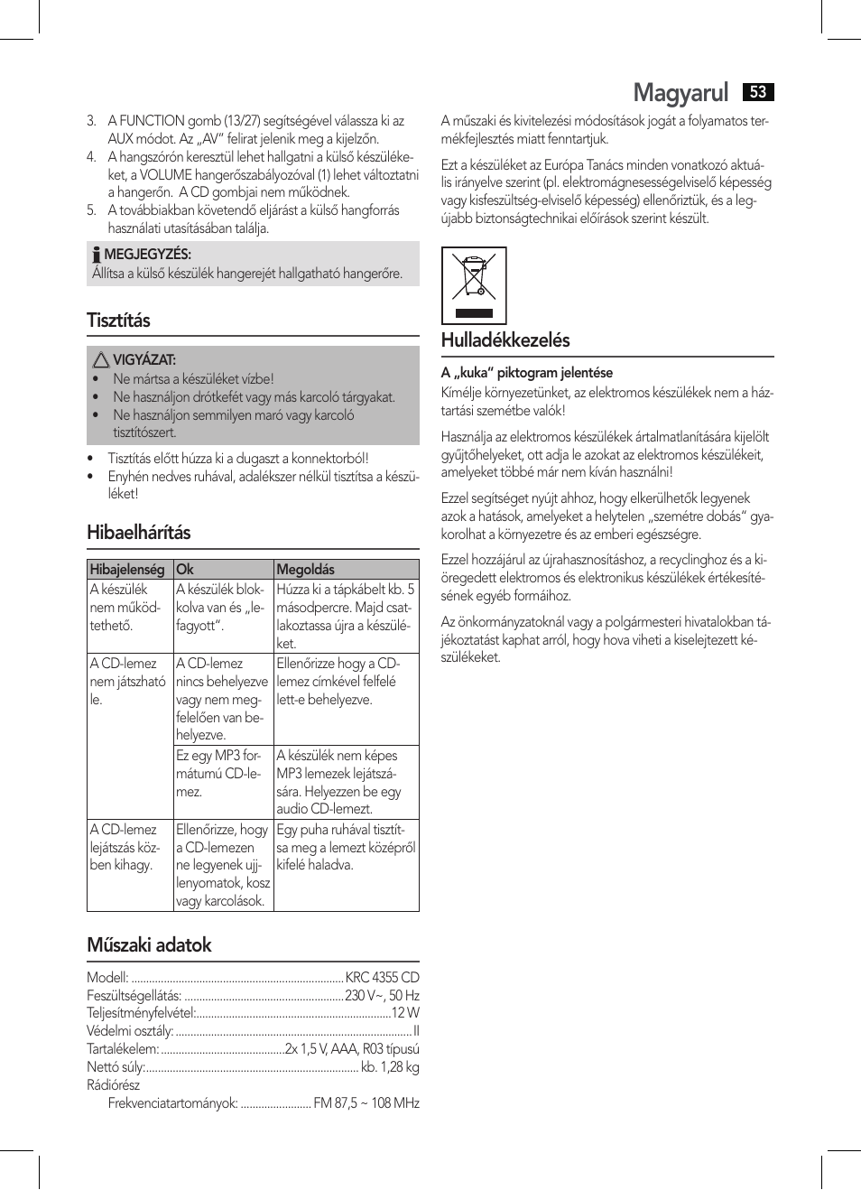 Magyarul, Tisztítás, Hibaelhárítás | Műszaki adatok, Hulladékkezelés | AEG KRC 4355 CD User Manual | Page 53 / 66