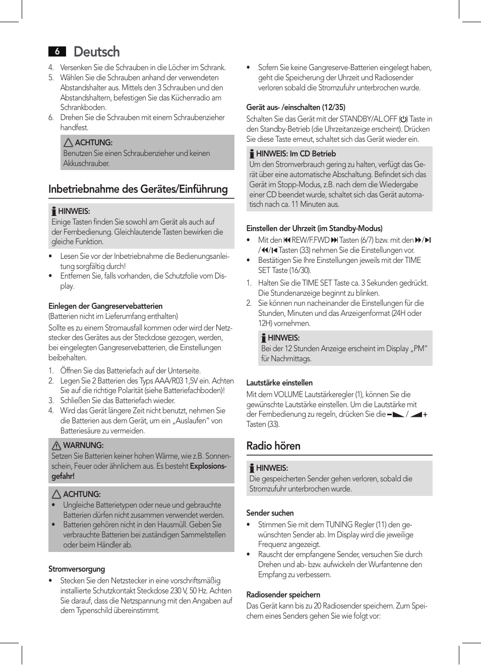 Deutsch, Inbetriebnahme des gerätes/einführung, Radio hören | AEG KRC 4355 CD User Manual | Page 6 / 66