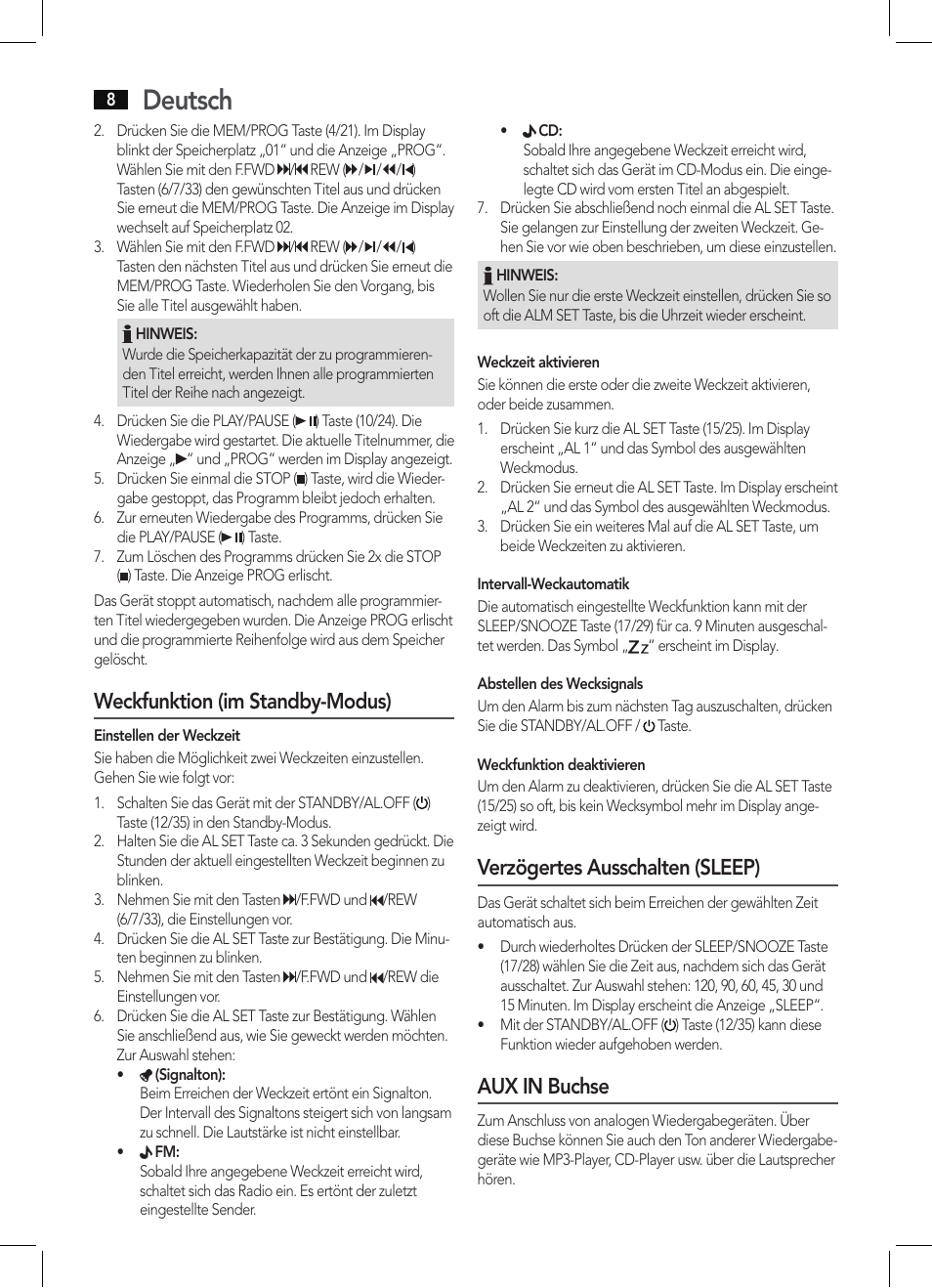 Deutsch, Weckfunktion (im standby-modus), Verzögertes ausschalten (sleep) | Aux in buchse | AEG KRC 4355 CD User Manual | Page 8 / 66