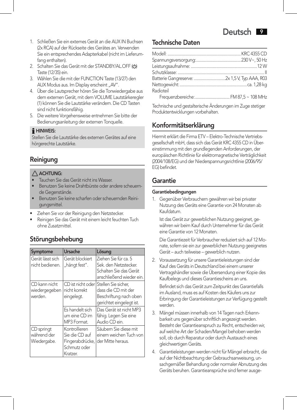 Deutsch, Reinigung, Störungsbehebung | Technische daten, Konformitätserklärung, Garantie | AEG KRC 4355 CD User Manual | Page 9 / 66