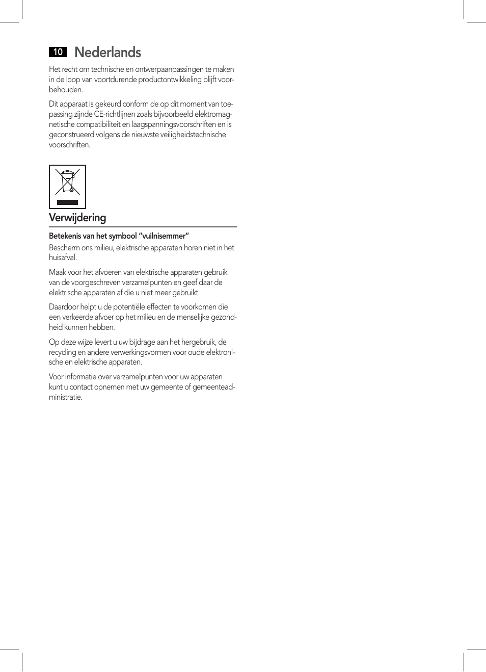 Nederlands, Verwĳ dering | AEG TR 4131 User Manual | Page 10 / 38