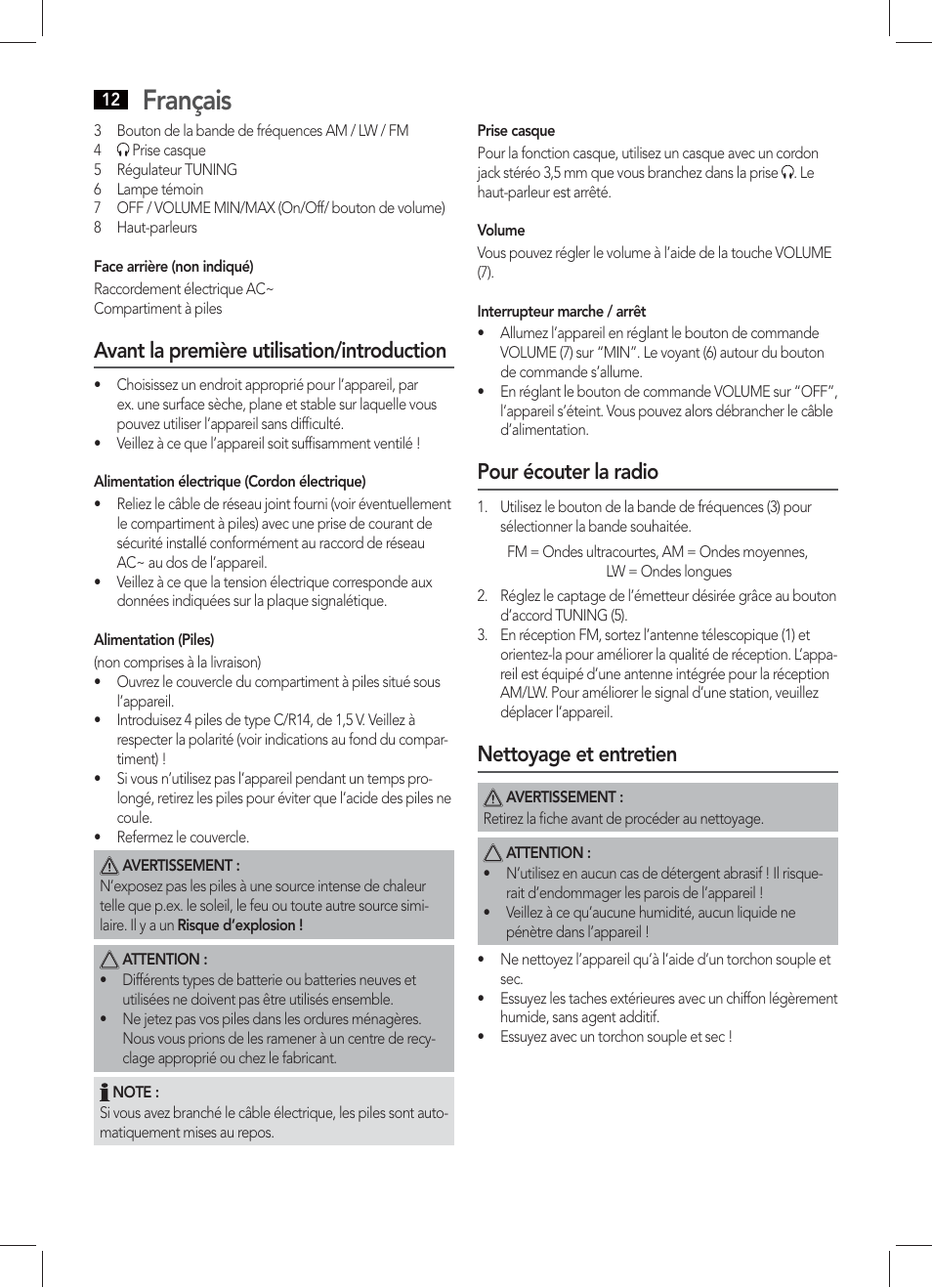 Français, Avant la première utilisation/introduction, Pour écouter la radio | Nettoyage et entretien | AEG TR 4131 User Manual | Page 12 / 38