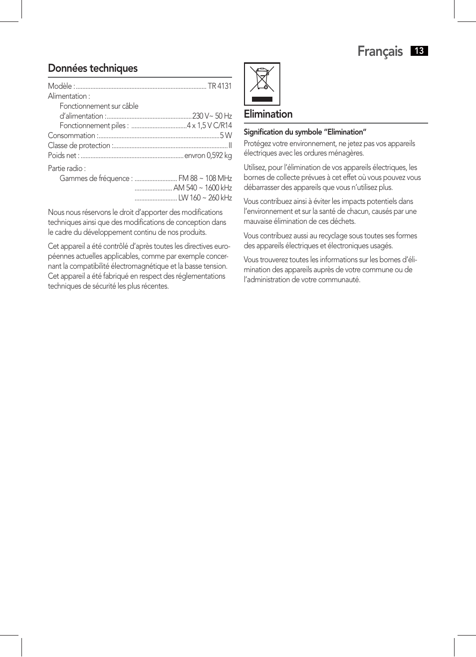 Français, Données techniques, Elimination | AEG TR 4131 User Manual | Page 13 / 38