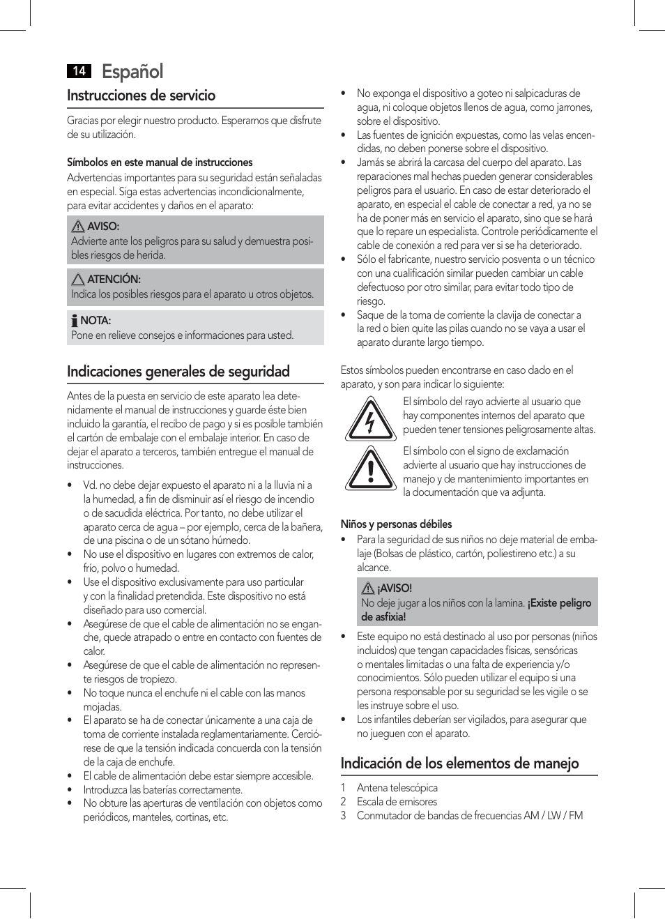 Español, Instrucciones de servicio, Indicaciones generales de seguridad | Indicación de los elementos de manejo | AEG TR 4131 User Manual | Page 14 / 38
