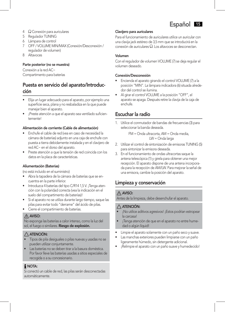 Español, Puesta en servicio del aparato/introduc- ción, Escuchar la radio | Limpieza y conservación | AEG TR 4131 User Manual | Page 15 / 38