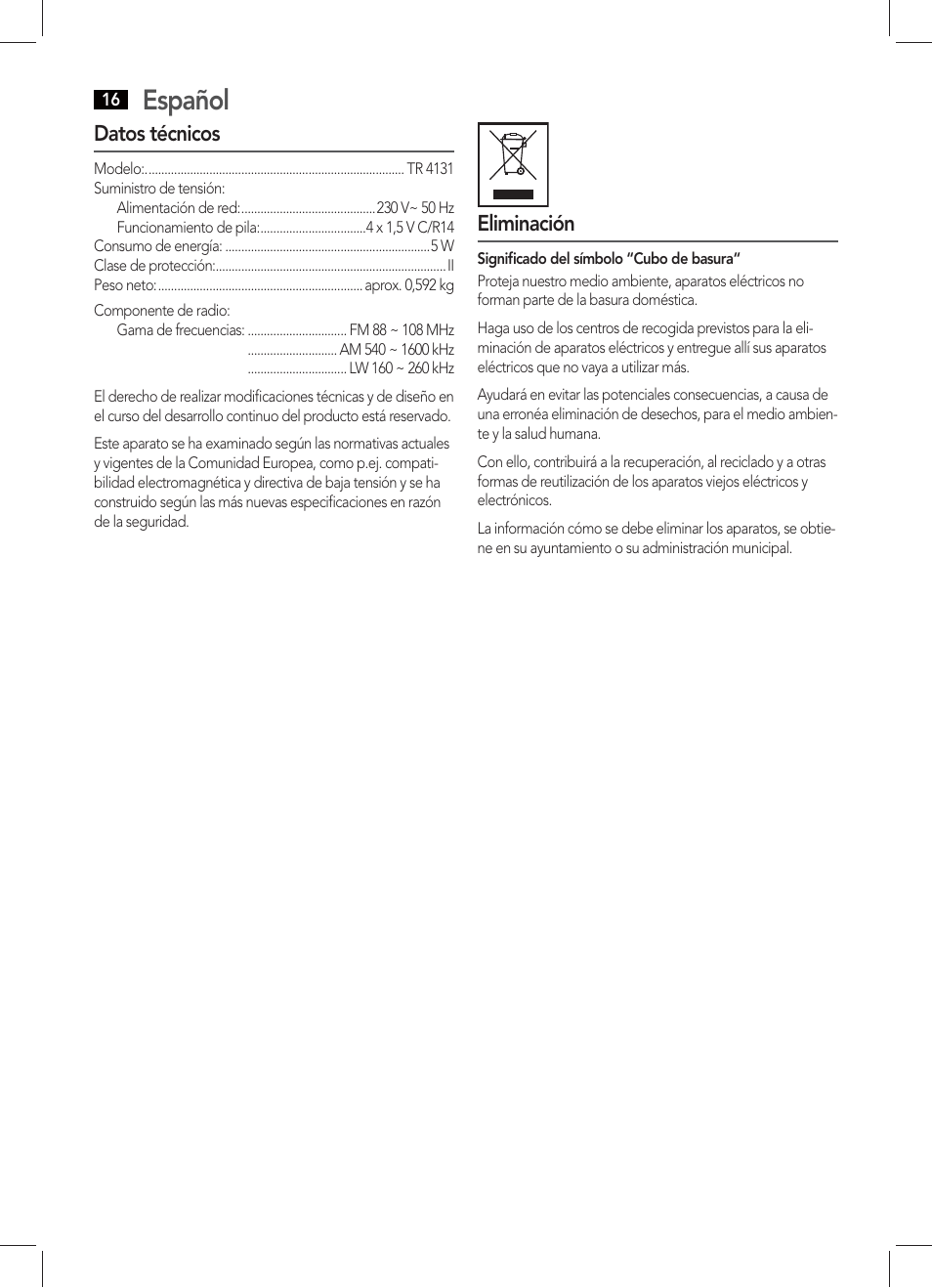 Español, Datos técnicos, Eliminación | AEG TR 4131 User Manual | Page 16 / 38