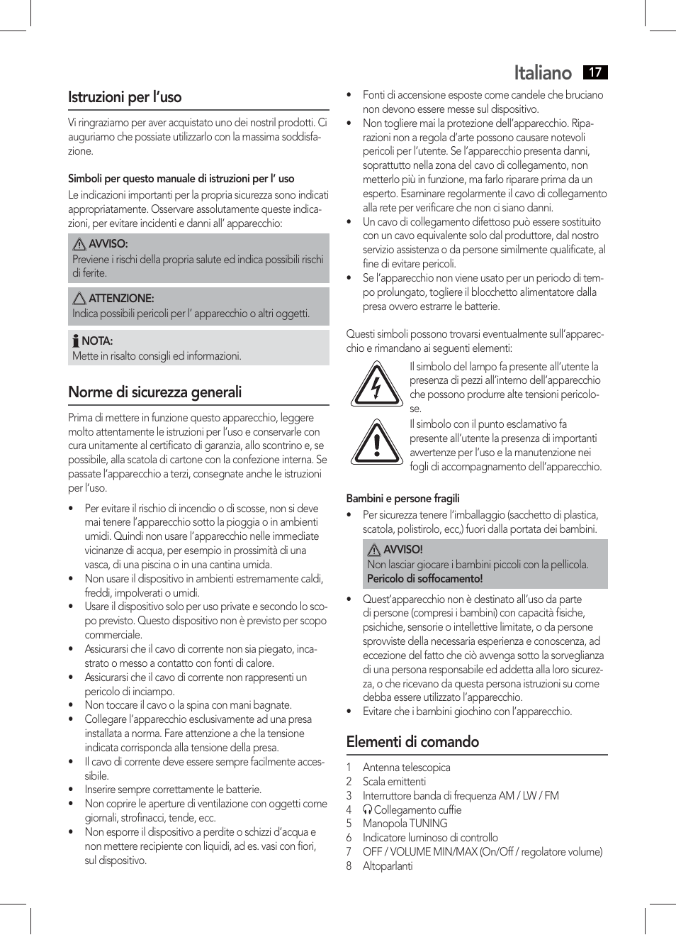 Italiano, Istruzioni per l’uso, Norme di sicurezza generali | Elementi di comando | AEG TR 4131 User Manual | Page 17 / 38