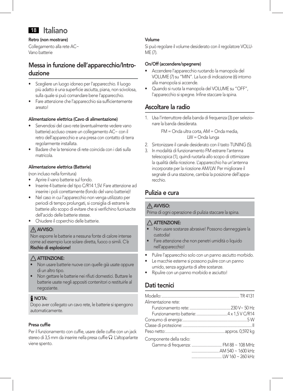 Italiano, Messa in funzione dell’apparecchio/intro- duzione, Ascoltare la radio | Pulizia e cura, Dati tecnici | AEG TR 4131 User Manual | Page 18 / 38