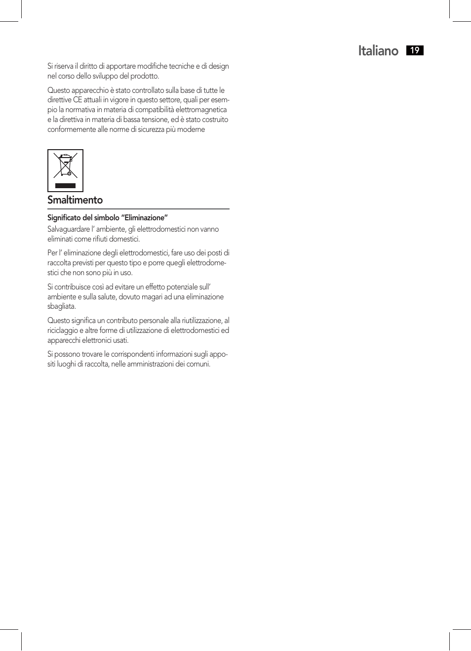 Italiano, Smaltimento | AEG TR 4131 User Manual | Page 19 / 38