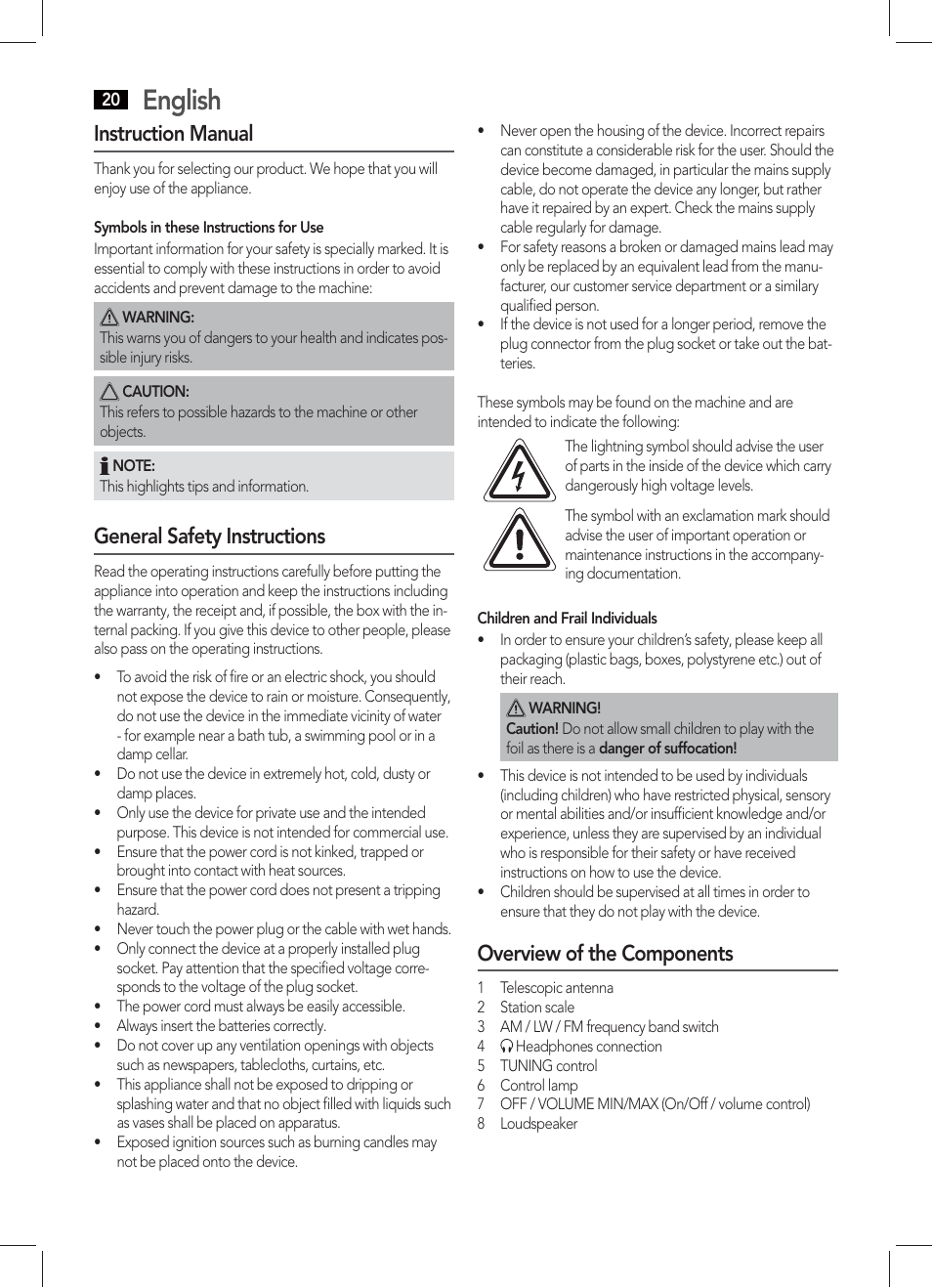 English, Instruction manual, General safety instructions | Overview of the components | AEG TR 4131 User Manual | Page 20 / 38