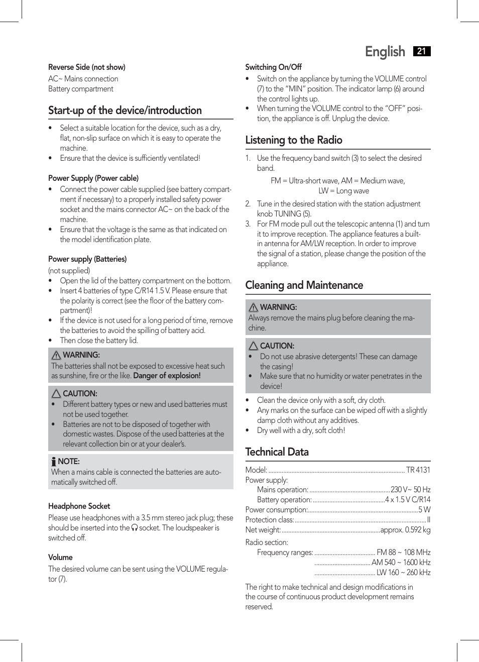 English, Start-up of the device/introduction, Listening to the radio | Cleaning and maintenance, Technical data | AEG TR 4131 User Manual | Page 21 / 38