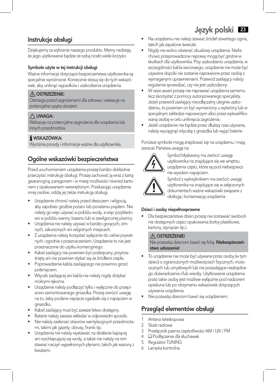 Język polski, Instrukcje obsługi, Ogólne wskazówki bezpieczeństwa | Przegląd elementów obsługi | AEG TR 4131 User Manual | Page 23 / 38