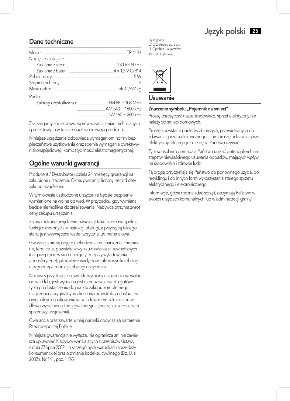 Język polski, Dane techniczne, Ogólne warunki gwarancji | Usuwanie | AEG TR 4131 User Manual | Page 25 / 38