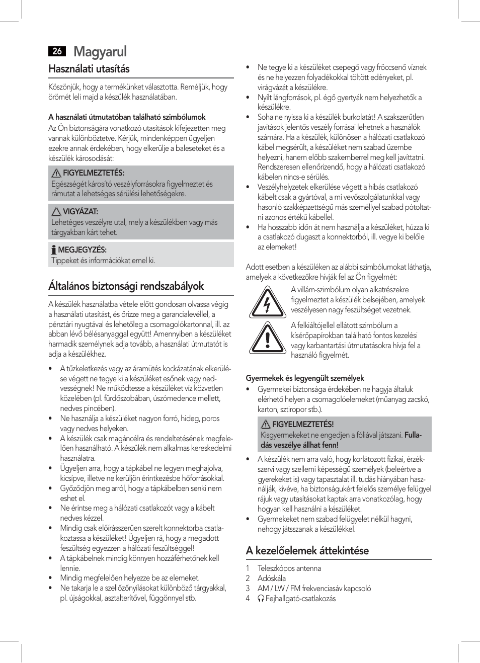 Magyarul, Használati utasítás, Általános biztonsági rendszabályok | A kezelőelemek áttekintése | AEG TR 4131 User Manual | Page 26 / 38